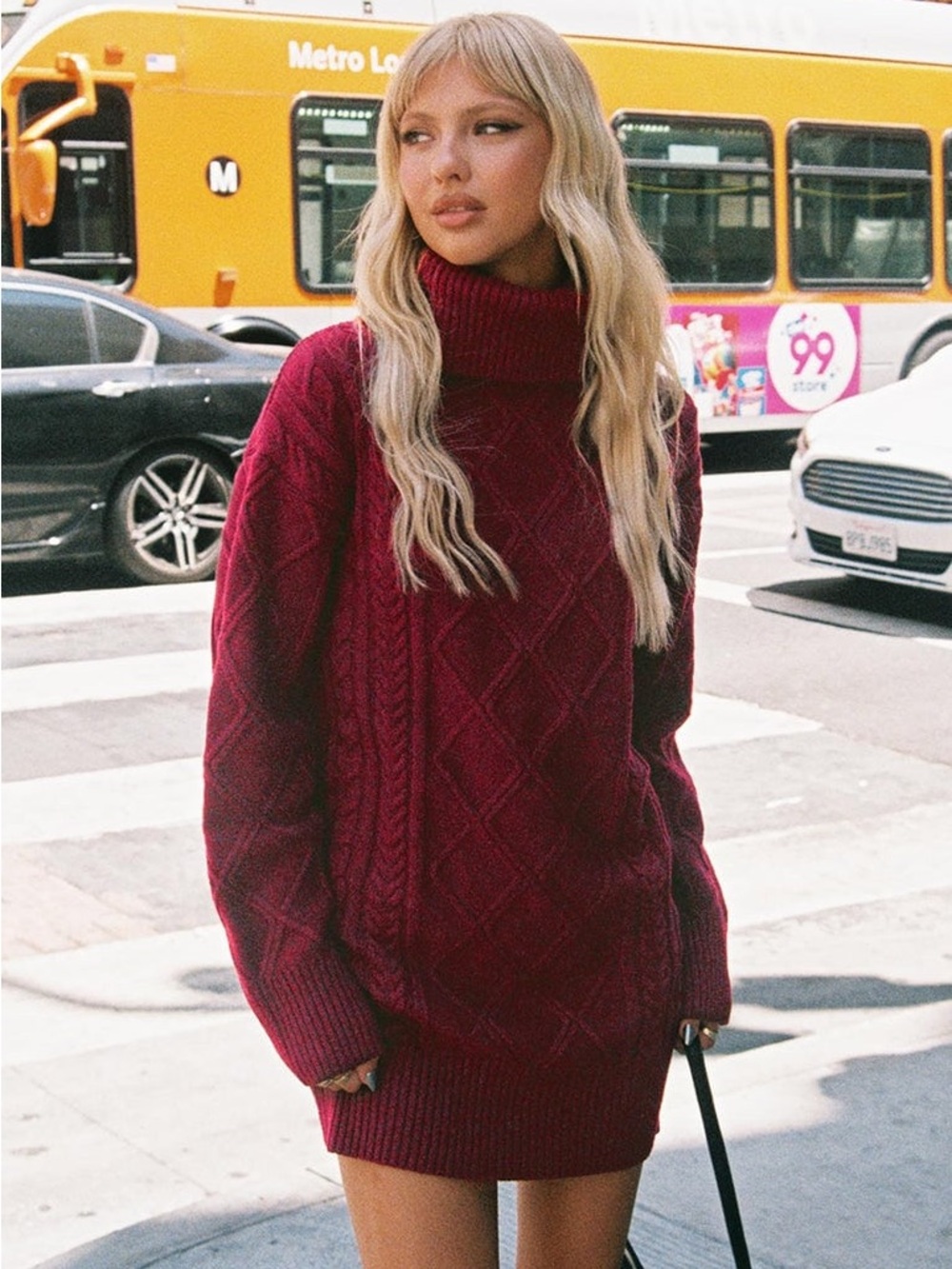 Princess Polly Burgundy Cable Knit Turtleneck Sweater Dress